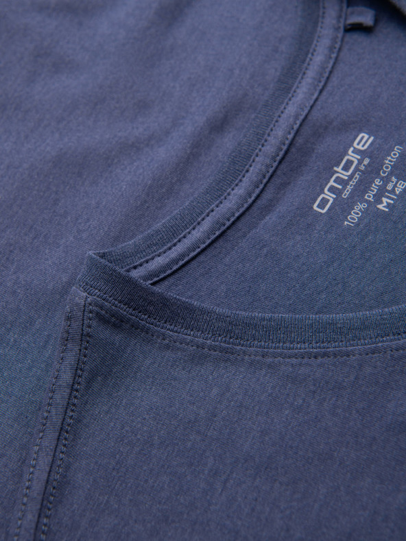 Ombre Clothing BASIC férfi klasszikus V-nyakú pamut póló - kék melír