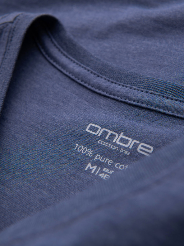 Ombre Clothing BASIC férfi klasszikus V-nyakú pamut póló - kék melír