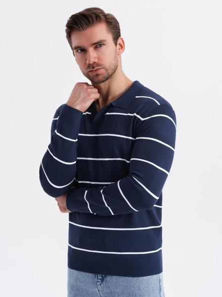 Ombre Clothing Férfi hosszú ujjú, vízszintes csíkos viszkóz póló - sötétkék és fehér