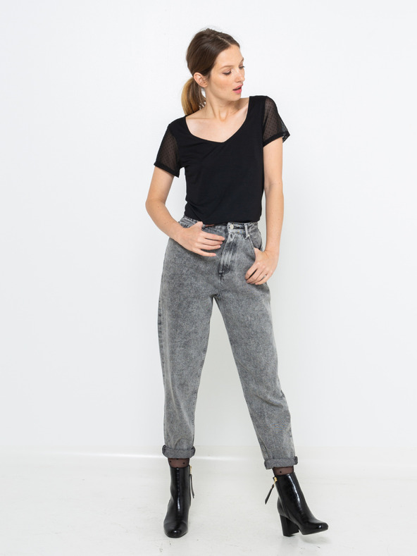 CAMAIEU Fekete CAMAIEU póló átlátszó ujjakkal