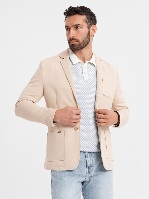 Ombre Clothing Férfi bézs zakó SLIM finom strukturált kötéssel