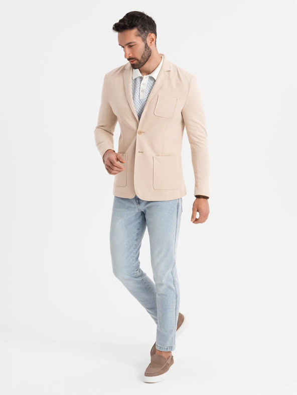Ombre Clothing Férfi bézs zakó SLIM finom strukturált kötéssel