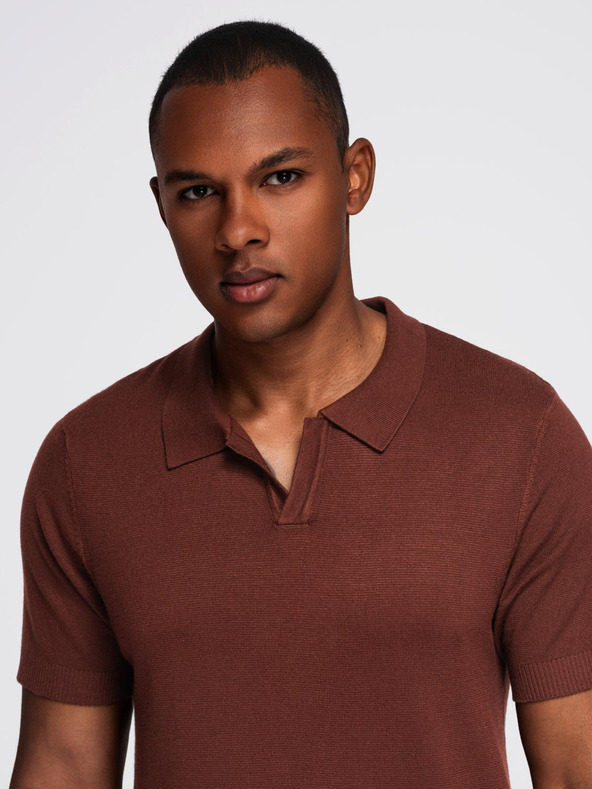 Ombre Clothing Férfi klasszikus kötésű gombnélküli polo póló - sötétbarna