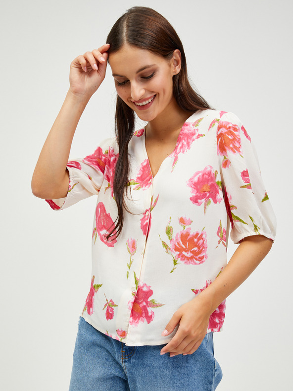 Pieces Krémszínű virágos, gombos blúz Pieces Tianna