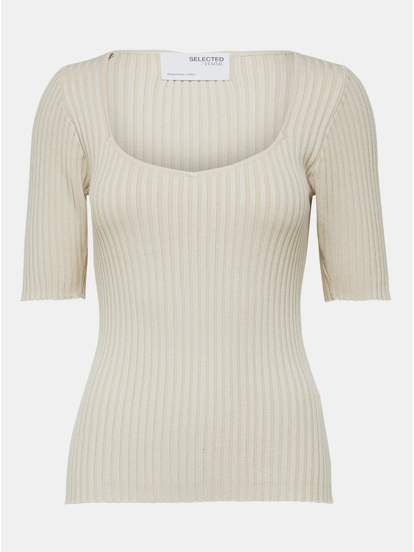 Selected Femme Krémszínű bordázott póló Selected Femme Mace