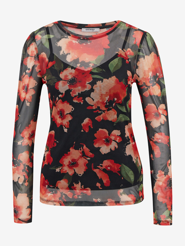 Orsay ORSAY piros-fekete virágmintás női póló