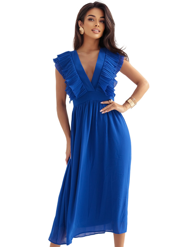 numoco YANA midi ruha pliszírozott fodrokkal és kivágással - búzavirág kék