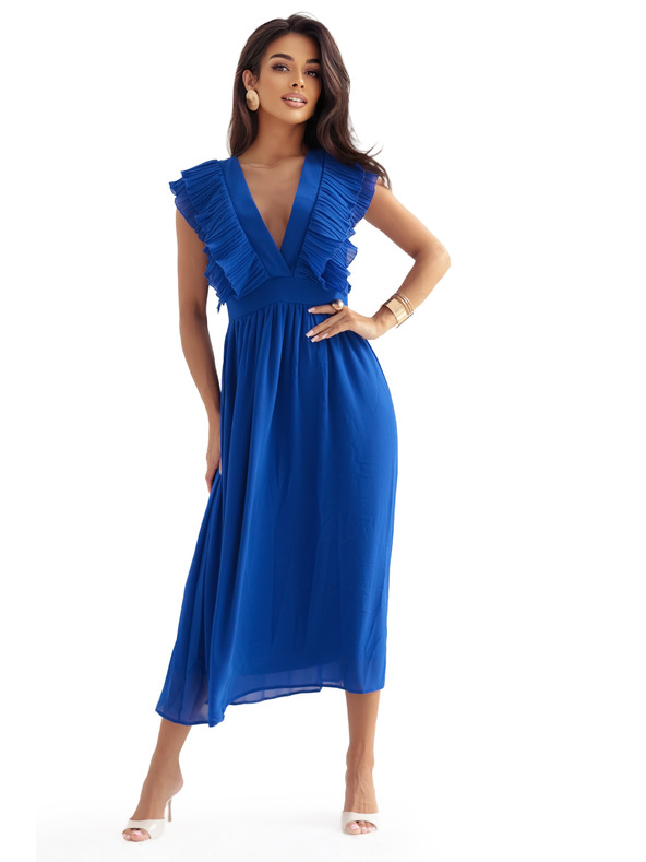 numoco YANA midi ruha pliszírozott fodrokkal és kivágással - búzavirág kék