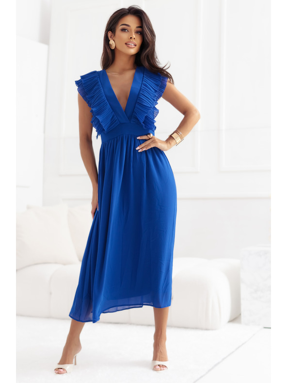 numoco YANA midi ruha pliszírozott fodrokkal és kivágással - búzavirág kék