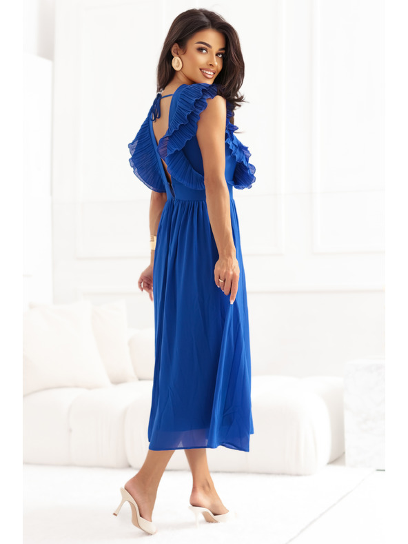 numoco YANA midi ruha pliszírozott fodrokkal és kivágással - búzavirág kék