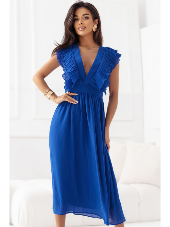 numoco YANA midi ruha pliszírozott fodrokkal és kivágással - búzavirág kék