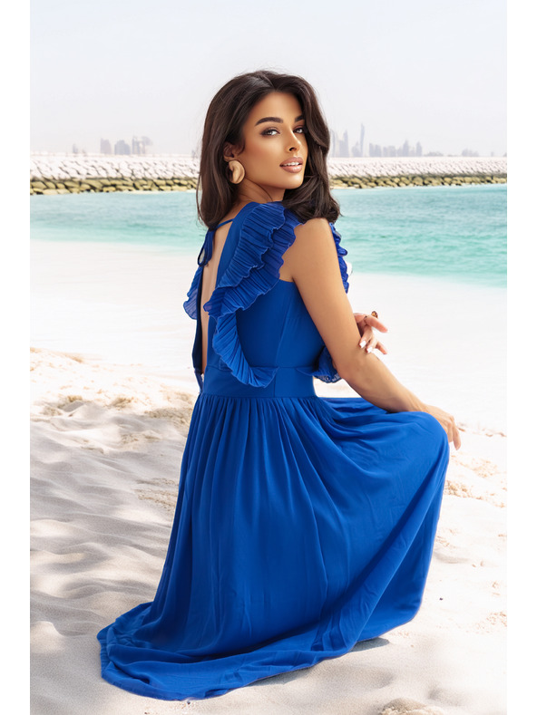 numoco YANA midi ruha pliszírozott fodrokkal és kivágással - búzavirág kék