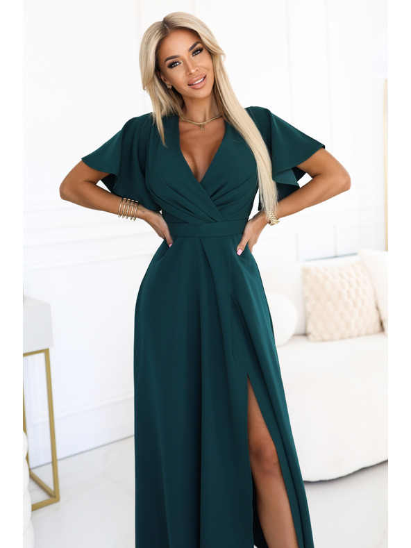 numoco Hosszú JENNIFER ruha oldalsó hasítékkal - palackzöld