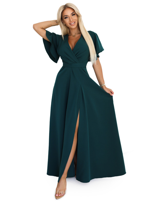 numoco Hosszú JENNIFER ruha oldalsó hasítékkal - palackzöld