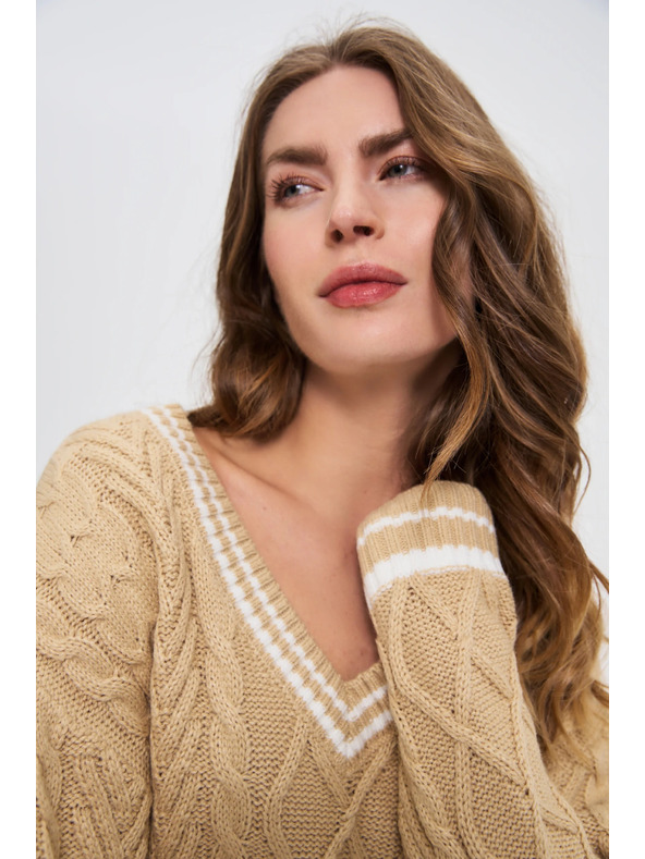 Moodo Moodo bézs pulóver V-nyakkal