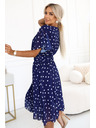 numoco Sötétkék ruha fehér pöttyökkel, átlapolós nyakkal és díszövvel