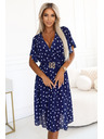 numoco Sötétkék ruha fehér pöttyökkel, átlapolós nyakkal és díszövvel