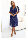 numoco Sötétkék ruha fehér pöttyökkel, átlapolós nyakkal és díszövvel