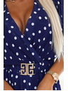 numoco Sötétkék ruha fehér pöttyökkel, átlapolós nyakkal és díszövvel