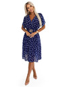 numoco Sötétkék ruha fehér pöttyökkel, átlapolós nyakkal és díszövvel