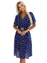 numoco Sötétkék ruha fehér pöttyökkel, átlapolós nyakkal és díszövvel