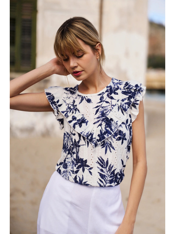 Moodo Moodo női póló – fehér kék virágokkal