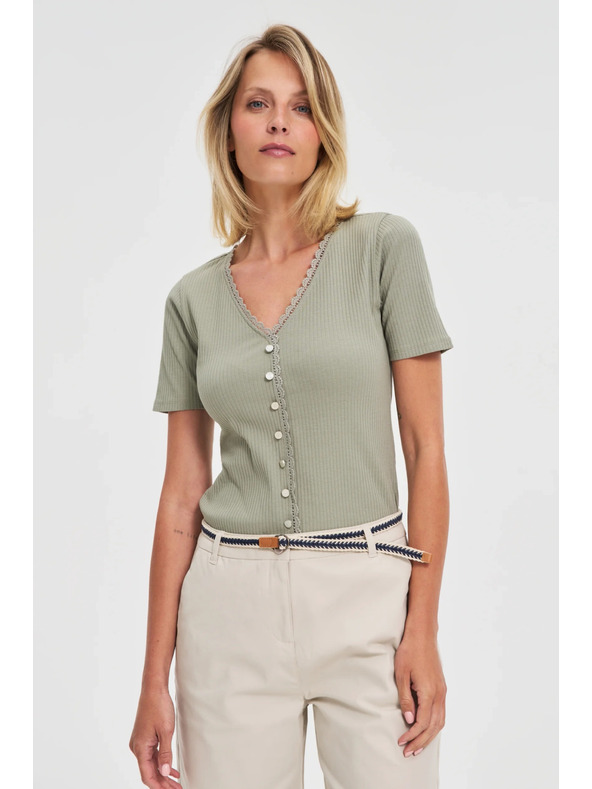 Moodo Olívazöld női póló gombokkal