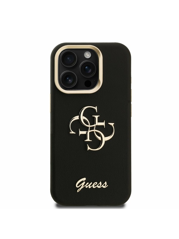 Guess Guess PU Érdes 4G Logo Állvány Kamera Keret Hátlap iPhone 15 Pro Max-hoz Fekete