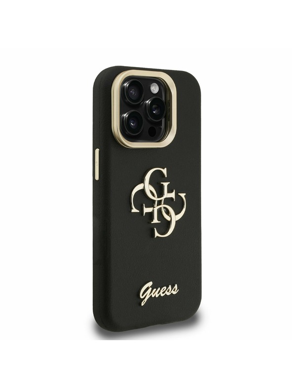 Guess Guess PU Érdes 4G Logo Állvány Kamera Keret Hátlap iPhone 15 Pro Max-hoz Fekete