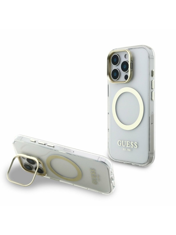 Guess Guess IML Gold Outline Állvány Kamera Keret MagSafe Hátlap iPhone 16 Pro-hoz Átlátszó