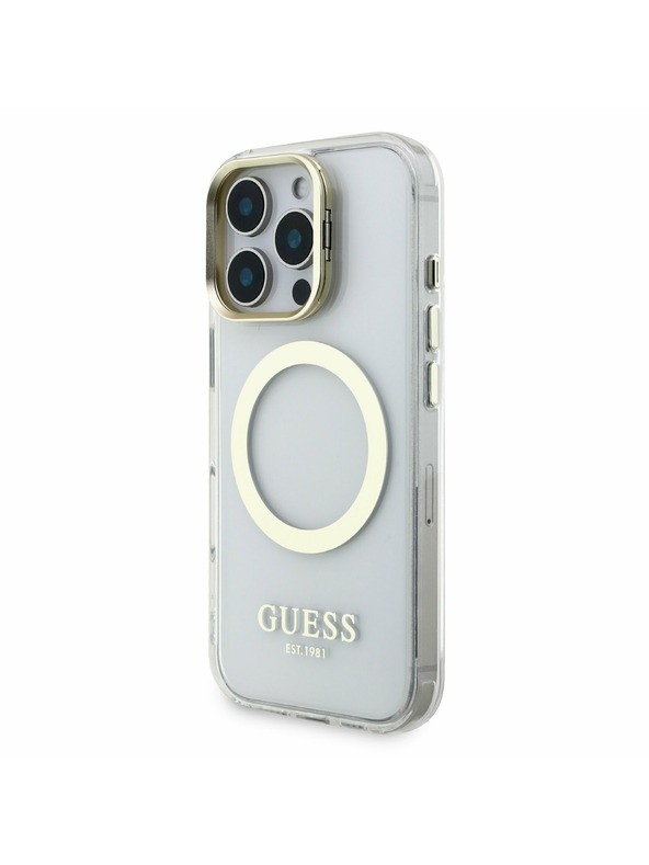 Guess Guess IML Gold Outline Állvány Kamera Keret MagSafe Hátlap iPhone 16 Pro-hoz Átlátszó