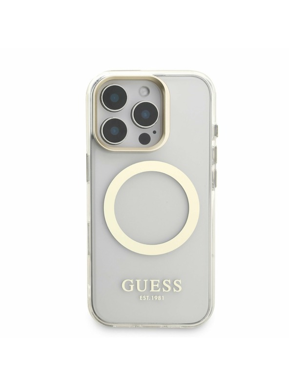 Guess Guess IML Gold Outline Állvány Kamera Keret MagSafe Hátlap iPhone 16 Pro-hoz Átlátszó