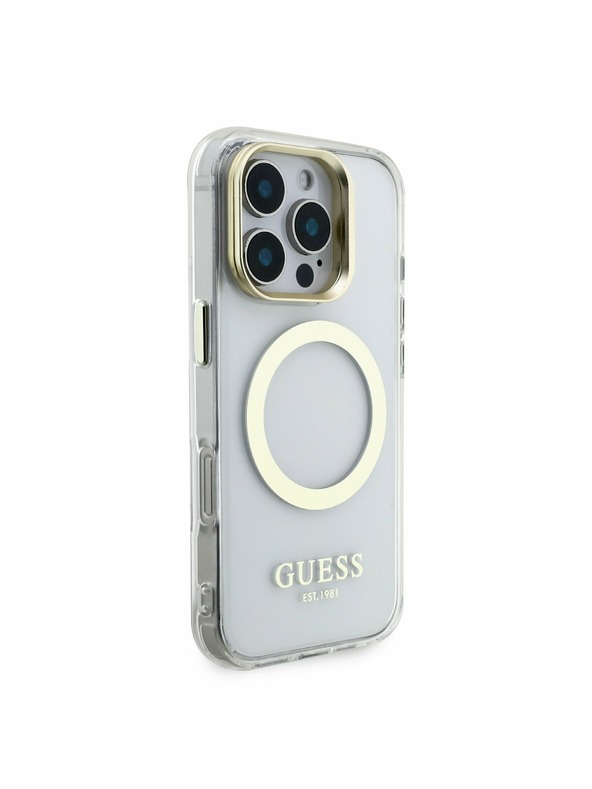 Guess Guess IML Gold Outline Állvány Kamera Keret MagSafe Hátlap iPhone 16 Pro-hoz Átlátszó