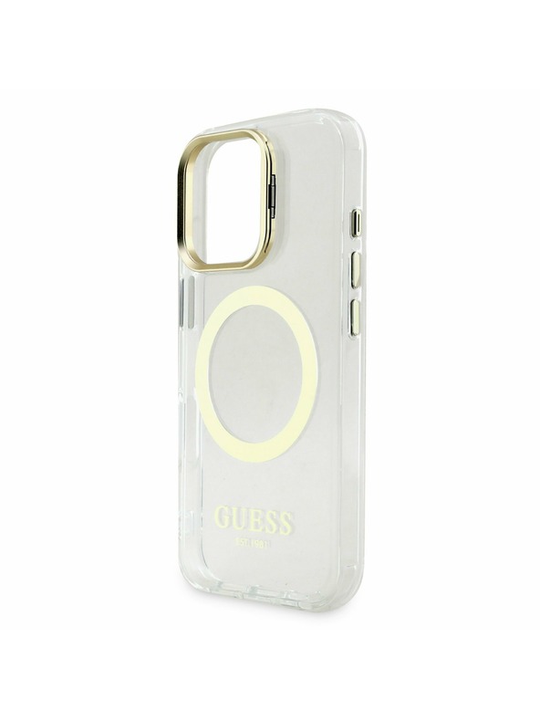 Guess Guess IML Gold Outline Állvány Kamera Keret MagSafe Hátlap iPhone 16 Pro-hoz Átlátszó