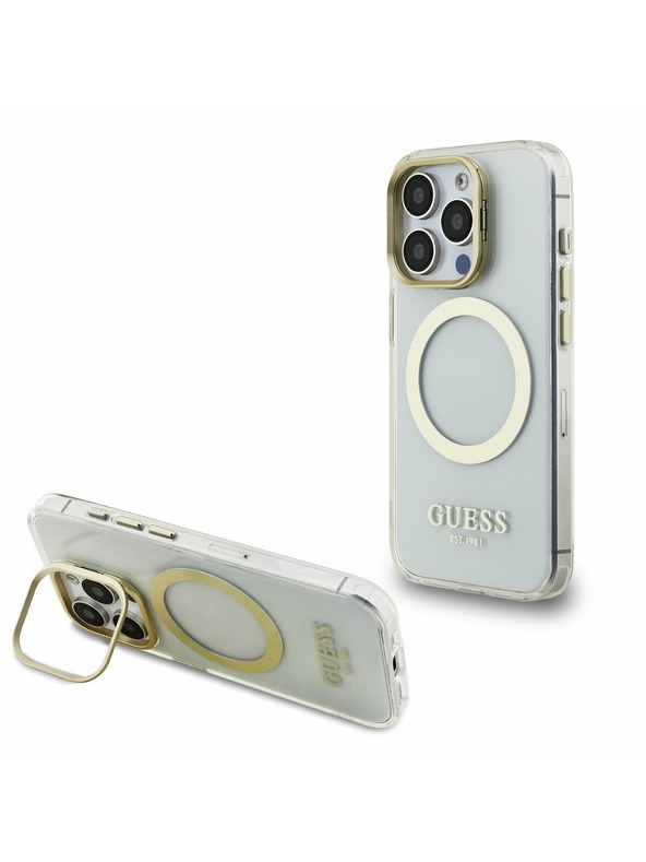 Guess Guess IML Gold Outline Állvány Kamera Keret MagSafe Hátlap iPhone 15 Pro Max-hoz Átlátszó