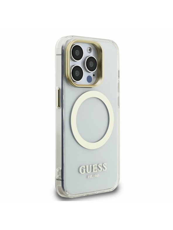 Guess Guess IML Gold Outline Állvány Kamera Keret MagSafe Hátlap iPhone 15 Pro Max-hoz Átlátszó