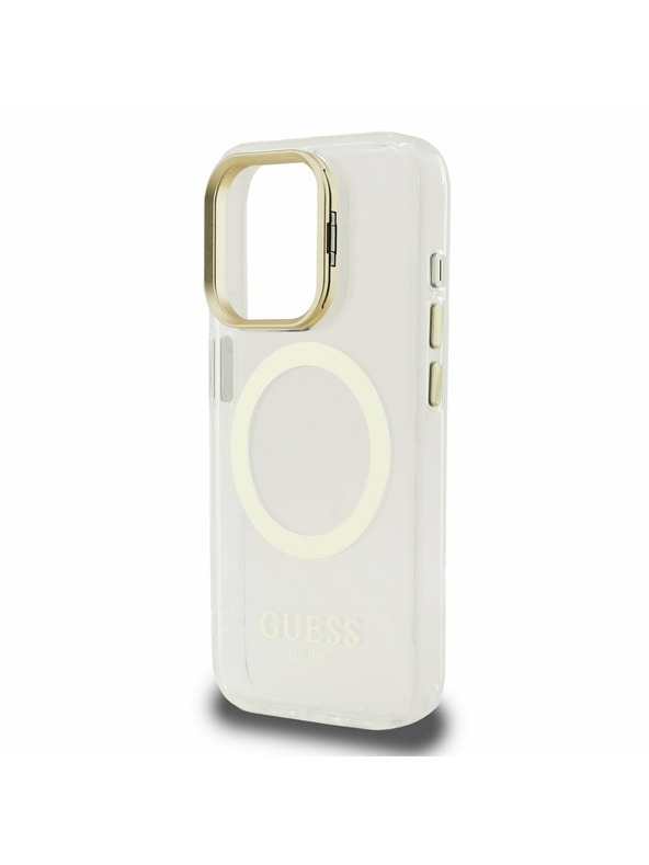 Guess Guess IML Gold Outline Állvány Kamera Keret MagSafe Hátlap iPhone 15 Pro Max-hoz Átlátszó