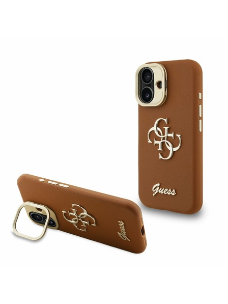 Guess Guess PU Érdes 4G Logo Stand Camera Frame Hátlap iPhone 16-hoz Barna