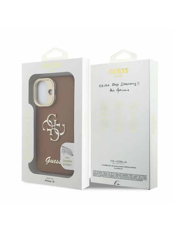 Guess Guess PU Érdes 4G Logo Stand Camera Frame Hátlap iPhone 16-hoz Barna