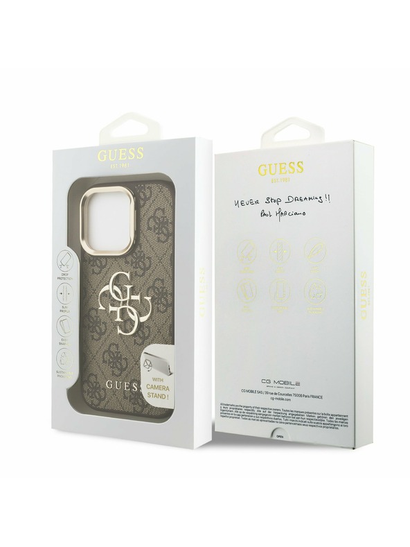 Guess Guess PU 4G Metal Logo Stand Camera Frame Hátlap iPhone 15 Pro Max-hoz Barna