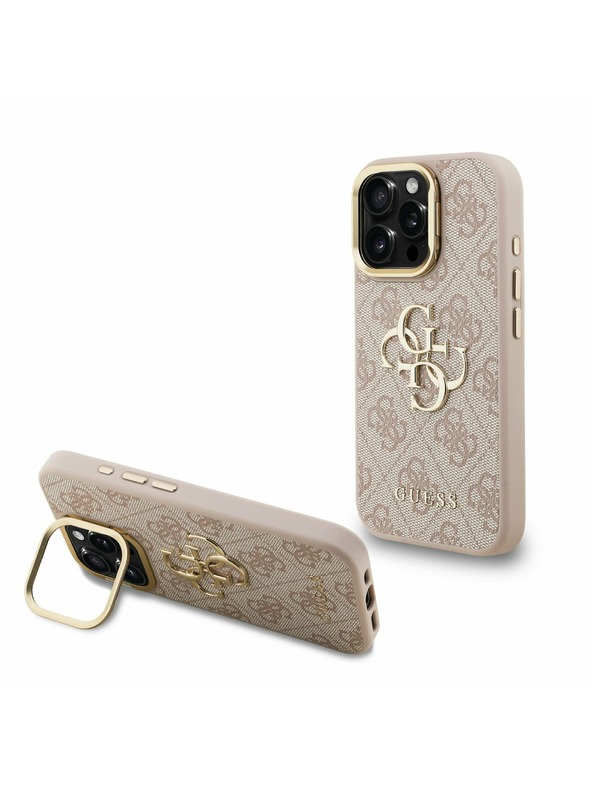 Guess Guess PU 4G Metal Logo Stand Camera Frame Hátlap iPhone 16 Pro-hoz Rózsaszín