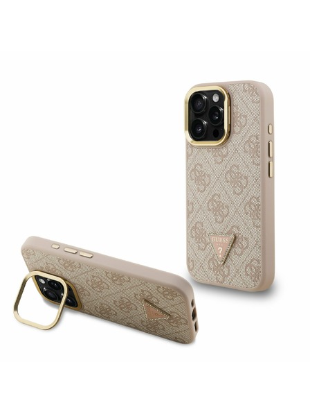 Guess Guess PU 4G Strass Háromszög Logo Stand Camera Frame MagSafe Hátlap iPhone 15 Pro-hoz Rózsaszín