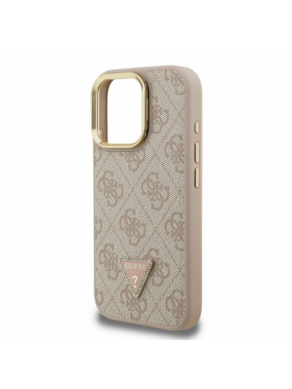 Guess Guess PU 4G Strass Háromszög Logo Stand Camera Frame MagSafe Hátlap iPhone 15 Pro-hoz Rózsaszín