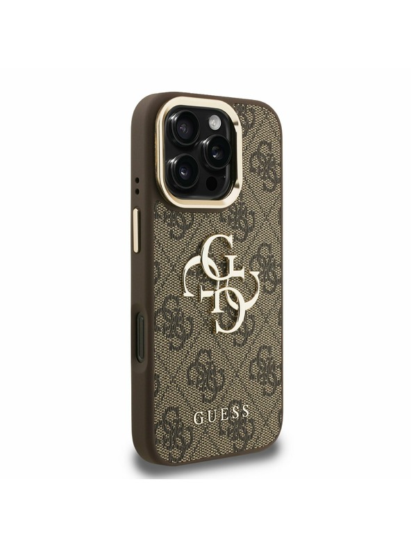 Guess Guess PU 4G Metal Logo Stand Camera Frame Hátlap iPhone 16 Pro-hoz Barna