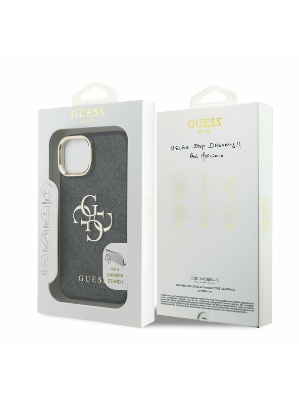 Guess Guess PU 4G fém logó állvány kamera keret hátlap iPhone 14 Black