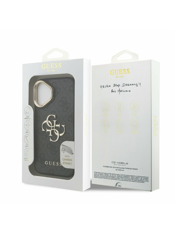 Guess Guess PU 4G fém logó állvány kamera keret hátlap iPhone 16 Black