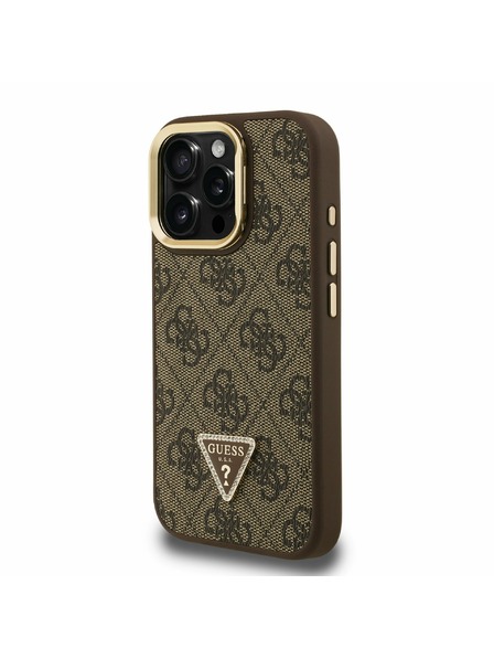Guess Guess PU 4G Strass háromszög logó állvány kamera keret MagSafe hátlap iPhone 15 Pro Max Brown