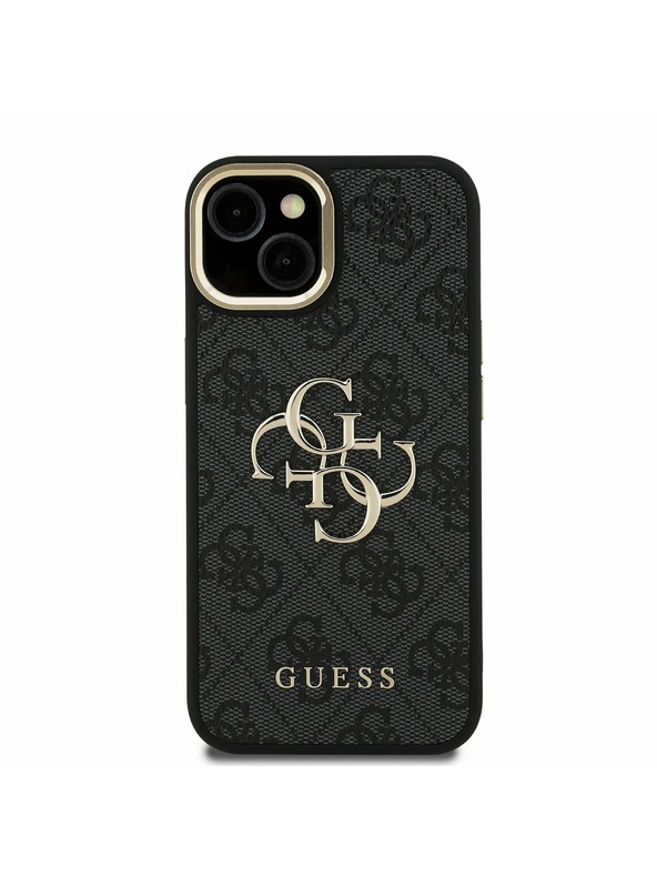 Guess Guess PU 4G fém logó állvány kamera keret hátlap iPhone 15 Black