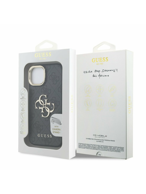 Guess Guess PU 4G fém logó állvány kamera keret hátlap iPhone 15 Black