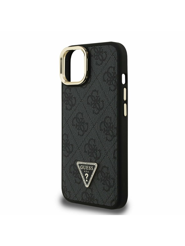 Guess Guess PU 4G Strass háromszög logó állvány kamera keret MagSafe hátlap iPhone 15 Black